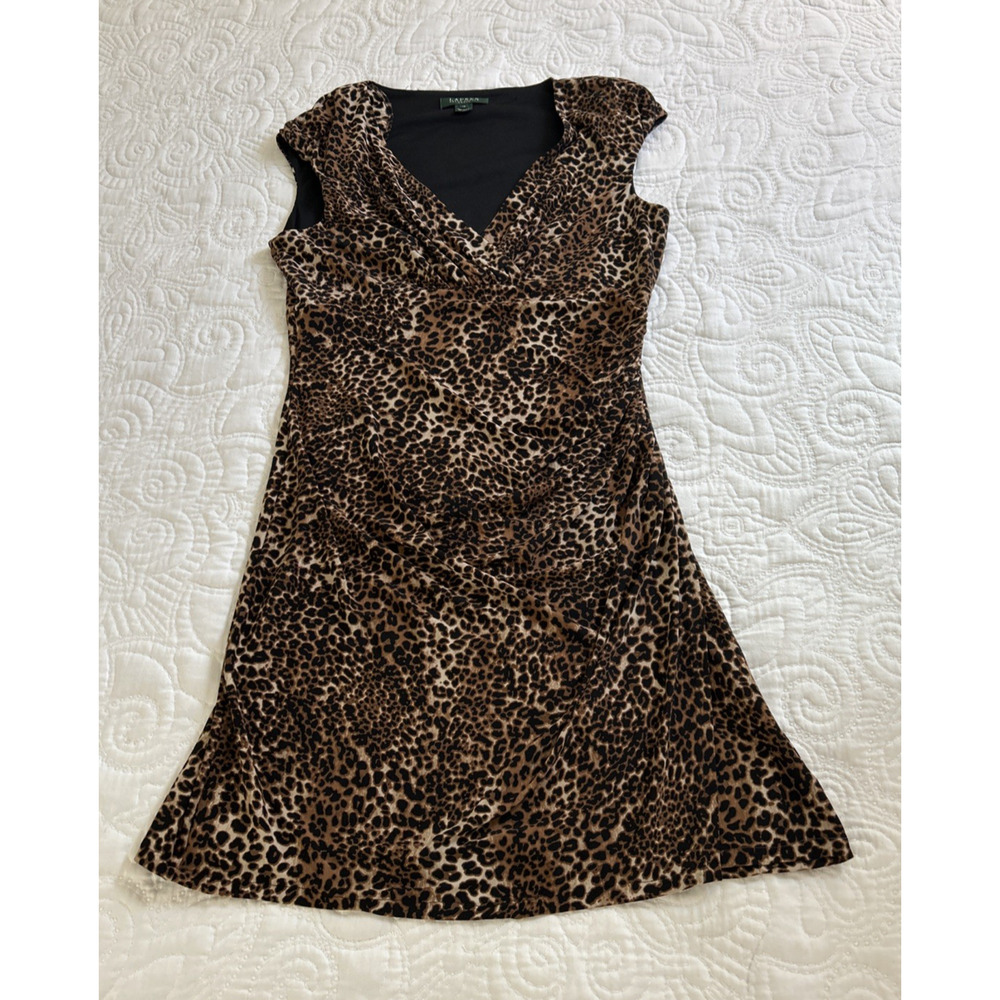 Lauren Ralph Lauren Dress Women's Sz 12 Faux Wrap Cheetah Sleeveless V-Neck